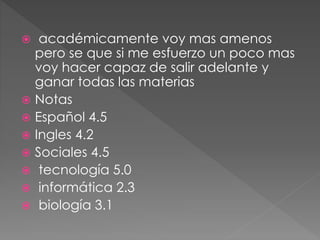  académicamente voy mas amenos
pero se que si me esfuerzo un poco mas
voy hacer capaz de salir adelante y
ganar todas las materias
 Notas
 Español 4.5
 Ingles 4.2
 Sociales 4.5
 tecnología 5.0
 informática 2.3
 biología 3.1
 