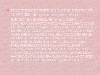  Los gastos generales en la casa son mas de
10.000.000 de pesos EN EL AÑO en el
estudio, en el deporte, en la COMIDA , LA
LONCHERA ,MIS GASTOS PERSONALES,LOS SERVICIOS DE
LA CASA,LOS UNIFORMES , ROPA , PERFUME, CEPILLO DE
DIENTES ,GASTOSD CUANDO SALGO A LA CALLE Y PIDO
ALGO ESTE ES UN GASTO MAS ,BOLSO,COLORES,ETC.SE
VA MAS DE 10.000.000 NMILLONES DE PESOS EN UN
ESTUDIANTE NOSOTROS AL AÑO VALEMOS MUCHO
PARA PERDERLO POR QUE SI UNO NO QUIERE IR A
ESTUDIAR ES MEJOR QUE NO BALLA A PWERDER TIEMPO
Y ES MEJOR QUE SE QUEDE EN LA CASA DORMIENDO Y
HACIENDO LO QUE QUIERA QUE NO BALLA AL COLEGIO
A SERELES PERDER EL TIEMPO A LOS PROFESORES
 