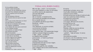 POEMA AZUL (RUBEN DARIO)
En las pálidas tardes
yerran nubes tranquilas
en el azul; en las ardientes manos
se posan las cabezas pensativas.
¡Ah los suspiros! ¡Ah los dulces
sueños!
¡Ah las tristezas íntimas!
¡Ah el polvo de oro que en el aire
flota,
tras cuyas ondas trémulas se miran
los ojos tiernos y húmedos,
las bocas inundadas de sonrisas,
las crespas cabelleras
y los dedos de rosa que acarician!
En las pálidas tardes
me cuenta un hada amiga
las historias secretas
llenas de poesía:
lo que cantan los pájaros,
lo que llevan las brisas,
lo que vaga en las nieblas,
lo que sueñan las niñas.
Una vez sentí el ansia
de una sed infinita.
Dije al hada amorosa:
--Quiero en el alma mía
tener la aspiración honda,
profunda,
inmensa: luz, calor, aroma, vida.
Ella me dijo: --¡Ven!-- con el acento
con que hablaría un arpa. En él había
un divino aroma de esperanza.
¡Oh sed del ideal!
Sobre la cima
de un monte, a medianoche,
me mostró las estrellas encendidas.
Era un jardín de oro
con pétalos de llama que titilan.
Exclamé: --¡Más!...
La aurora
vino después. La aurora sonreía,
con la luz en la frente,
como la joven tímida
que abre la reja, y la sorprenden luego
ciertas curiosas mágicas pupilas.
Y dije: --¡Más!... Sonriendo
la celeste hada amiga
prorrumpió: --¡Y bien! ¡Las flores!
Y las flores
estaban frescas, lindas,
empapadas de olor: la rosa virgen,
la blanca margarita,
la azucena gentil y las volúbiles
que cuelgan de la rama estremecida.
Y dije: --¡Más!...
El viento
arrastraba rumores, ecos, risas,
murmullos misteriosos, aleteos,
músicas nunca oídas.
El hada entonces me llevó hasta el velo
que nos cubre las ansias infinitas,
la inspiración profunda,
y el alma de las liras.
Y lo rasgó. Allí todo era aurora.
En el fondo se vía
un bello rostro de mujer.
¡Oh, nunca,
Piérides, diréis las sacras dichas
que en el alma sintiera!
Con su vaga sonrisa:
--¿Más?... --dijo el hada. Yo tenía
entonces
clavadas las pupilas
en el azul; y en mis ardientes manos
se posó mi cabeza pensativa...
 