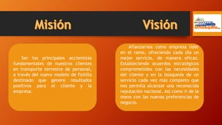 Ser los principales accionistas
fundamentales de nuestros clientes
en transporte terrestre de personal,
a través del nuevo modelo de flotilla
destinado que genere resultados
positivos para el cliente y la
empresa.
Afianzarnos como empresa líder
en el ramo, ofreciendo cada día un
mejor servicio, de manera eficaz.
Estableciendo acuerdos estratégicos
comprometidos con las necesidades
del cliente y en la búsqueda de un
servicio cada vez más completo que
nos permita alcanzar una reconocida
reputación nacional. Así como ir de la
mano con las nuevas preferencias de
negocio.
 