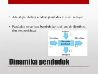 Dinamika penduduk
• Adalah perubahan keadaan penduduk di suatu wilayah
• Penduduk senantiasa berubah dari sisi jumlah, distribusi,
dan komposisinya.
 