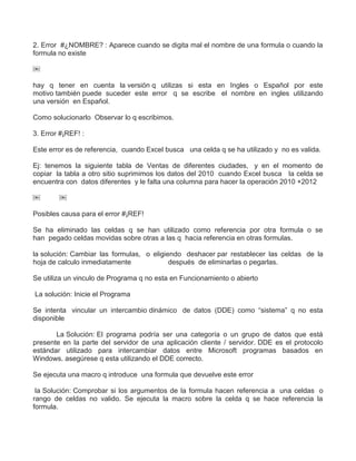 2. Error #¿NOMBRE? : Aparece cuando se digita mal el nombre de una formula o cuando la
formula no existe
￼
hay q tener en cuenta la versión q utilizas si esta en Ingles o Español por este
motivo también puede suceder este error q se escribe el nombre en ingles utilizando
una versión en Español.
Como solucionarlo Observar lo q escribimos.
3. Error #¡REF! :
Este error es de referencia, cuando Excel busca una celda q se ha utilizado y no es valida.
Ej: tenemos la siguiente tabla de Ventas de diferentes ciudades, y en el momento de
copiar la tabla a otro sitio suprimimos los datos del 2010 cuando Excel busca la celda se
encuentra con datos diferentes y le falta una columna para hacer la operación 2010 +2012
￼ ￼
Posibles causa para el error #¡REF!
Se ha eliminado las celdas q se han utilizado como referencia por otra formula o se
han pegado celdas movidas sobre otras a las q hacia referencia en otras formulas.
la solución: Cambiar las formulas, o eligiendo deshacer par restablecer las celdas de la
hoja de calculo inmediatamente después de eliminarlas o pegarlas.
Se utiliza un vinculo de Programa q no esta en Funcionamiento o abierto
La solución: Inicie el Programa
Se intenta vincular un intercambio dinámico de datos (DDE) como “sistema” q no esta
disponible
La Solución: El programa podría ser una categoría o un grupo de datos que está
presente en la parte del servidor de una aplicación cliente / servidor. DDE es el protocolo
estándar utilizado para intercambiar datos entre Microsoft programas basados en
Windows. asegúrese q esta utilizando el DDE correcto.
Se ejecuta una macro q introduce una formula que devuelve este error
la Solución: Comprobar si los argumentos de la formula hacen referencia a una celdas o
rango de celdas no valido. Se ejecuta la macro sobre la celda q se hace referencia la
formula.
 
