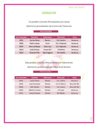 Base de Datos

                 CONSULTAS



   1ra posible consulta «Proveedores por zona»

 «Dame los proveedores de la zona de Veracruz»




2da posible consulta «Proveedores por Fabricante»

  «Dame los proveedores del fabricante Revlon»




                                                             10
 