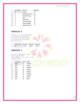 Base de Datos




CONSULTA 4
SELECTCOUNT(*)AS PRODUCTOS,
MIN(Precio)AS price_min,
MAX(Precio)AS price_max,
AVG(Precio)AS price_avg
from Articulos




CONSULTA 5

select Id_Empleado, Edad, Puesto
from Detalle_Emp
where Edad between 23 and 29
orderby Edad;




                                                   23
 