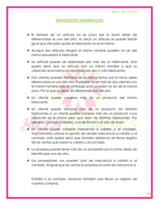 Base de Datos

                  SUPUESTOS SEMANTICOS


 El nombre de un artículo no es único por lo tanto debe de
  diferenciarse el uno del otro, es decir un artículo se puede llamar
  igual que otro pero quizás el fabricante no es el mismo.

 Aunque dos artículos tengan el mismo nombre pueden no ser del
  mismo proveedor o fabricante.

 Un artículo puede ser elaborado por más de un fabricante. Esto
  quiere decir que un artículo con un mismo nombre o que su
  utilización se la misma es fabricado por dos o más fabricantes.

 Dos clientes pueden llamarse de la misma forma por lo tanto debe
  diferenciarse el uno del otro. Podemos tener más de dos clientes con
  el mismo nombre más sin embargo estos pueden no ser de la misma
  zona, Por lo que se debe de diferenciar uno del otro.

 Un cliente puede comprar más de un producto del mismo
  fabricante.

 Un cliente puede comprar más de un producto de distintos
  fabricantes o un cliente puede comprar más de un producto cuya
  utilización se la misma pero que sean de distintos fabricantes. Por
  ejemplo: Compra 2 labiales, uno de Revlon y el otro de Avon.

 Un cliente puede comprar mercancía a crédito o al contado.
  YulyCosmetics ofrece la opción de vender mercancía a crédito o al
  contado, esto quiere decir que también debemos de llevar registro
  de las ventas que fueron a crédito o al contado.

 La empresa puede tener más de un proveedor por lo tanto debe de
  identificarse uno de otro.

 Los proveedores nos pueden surtir de mercancía a crédito o al
  contado. Al igual que las ventas la empresa se surte de mercancía a



  Crédito o al contado, tenemos también que llevar un registro de
  nuestras compras.
                                                                         6
 