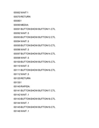 00062 WAIT 1
00070 RETURN
00080 !
00090 MEDIA:
00091 BUTTONSHOW BUTTON11.CTL
00092 WAIT .5
00093 BUTTONSHOW BUTTON12.CTL
00094 WAIT .5
00095 BUTTONSHOW BUTTON13.CTL
00096 WAIT .5
00097 BUTTONSHOW BUTTON14.CTL
00098 WAIT .5
00100 BUTTONSHOW BUTTON15.CTL
00110 WAIT .5
00111 BUTTONSHOW BUTTON16.CTL
00112 WAIT .5
00120 RETURN
00130 !
00140 RAPIDA:
00141 BUTTONSHOW BUTTON17.CTL
00142 WAIT .1
00143 BUTTONSHOW BUTTON18.CTL
00144 WAIT .1
00145 BUTTONSHOW BUTTON19.CTL
00146 WAIT .1
 