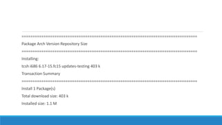 ================================================================================
Package Arch Version Repository Size
================================================================================
Installing:
tcsh i686 6.17-15.fc15 updates-testing 403 k
Transaction Summary
================================================================================
Install 1 Package(s)
Total download size: 403 k
Installed size: 1.1 M
 