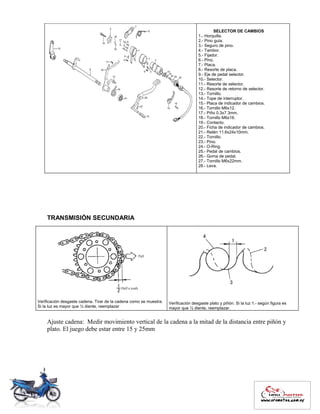 SELECTOR DE CAMBIOS
1.- Horquilla.
2.- Pino guía.
3.- Seguro de pino.
4.- Tambor.
5.- Fijador.
6.- Pino.
7.- Placa.
8.- Resorte de placa.
9.- Eje de pedal selector.
10.- Selector.
11.- Resorte de selector.
12.- Resorte de retorno de selector.
13.- Tornillo.
14.- Tope de interruptor.
15.- Placa de indicador de cambios.
16.- Tornillo M6x12.
17.- Piño 0.3x7.3mm.
18.- Tornillo M6x16.
19.- Contacto.
20.- Ficha de indicador de cambios.
21.- Retén 11.6x24x10mm.
22.- Tornillo.
23.- Pino.
24.- O-Ring.
25.- Pedal de cambios.
26.- Goma de pedal.
27.- Tornillo M6x22mm.
28.- Leva.
TRANSMISIÓN SECUNDARIA
Verificación desgaste cadena. Tirar de la cadena como se muestra.
Si la luz es mayor que ½ diente, reemplazar
Verificación desgaste plato y piñón: Si la luz 1.- según figura es
mayor que ½ diente, reemplazar.
Ajuste cadena: Medir movimiento vertical de la cadena a la mitad de la distancia entre piñón y
plato. El juego debe estar entre 15 y 25mm
 