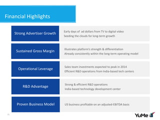 Financial Highlights
21
Proven Business Model US business profitable on an adjusted-EBITDA basis
Operational Leverage
Sales team investments expected to peak in 2014
Efficient R&D operations from India-based tech centers
R&D Advantage
Strong & efficient R&D operations
India-based technology development center
Sustained Gross Margin
Illustrates platform’s strength & differentiation
Already consistently within the long-term operating model
Strong Advertiser Growth
Early days of ad dollars from TV to digital video
Seeding the clouds for long-term growth
 