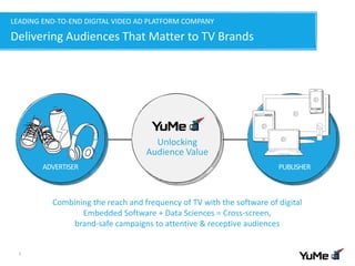 LEADING END-TO-END DIGITAL VIDEO AD PLATFORM COMPANY
Delivering Audiences That Matter to TV Brands
3
Unlocking
Audience Value
Combining the reach and frequency of TV with the software of digital
Embedded Software + Data Sciences = Cross-screen,
brand-safe campaigns to attentive & receptive audiences
 