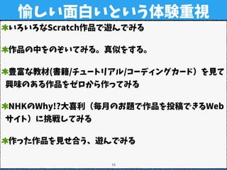 愉しい面白いという体験重視
いろいろなScratch作品で遊んでみる
作品の中をのぞいてみる。真似をする。
豊富な教材(書籍/チュートリアル/コーディングカード）を見て
興味のある作品をゼロから作ってみる
NHKのWhy!?大喜利（毎月のお題で作品を投稿できるWeb
サイト）に挑戦してみる
作った作品を見せ合う、遊んでみる
!15
 
