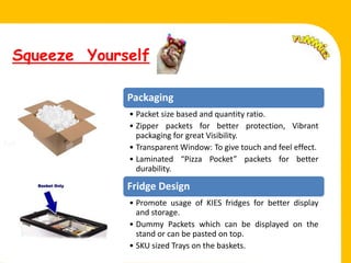 Squeeze Yourself

                Packaging
                • Packet size based and quantity ratio.
                • Zipper packets for better protection, Vibrant
                  packaging for great Visibility.
Fell.           • Transparent Window: To give touch and feel effect.
                • Laminated “Pizza Pocket” packets for better
                  durability.

                Fridge Design
                • Promote usage of KIES fridges for better display
                  and storage.
                • Dummy Packets which can be displayed on the
                  stand or can be pasted on top.
                • SKU sized Trays on the baskets.
 
