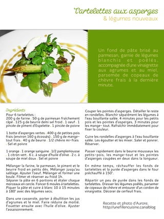 Pour 6 tartelettes :
200 g de farine 50 g de parmesan fraîchement
râpé 125 g de beurre demi sel froid 1 oeuf 1
pincée de piment d'Espelette 1 pincée de poivre
1 botte d'asperges vertes 400 g de petites pois
frais (environ 160 g écossés) 150 g de mange-
tout frais 40 g de beurre 1/2 chèvre mi-frais
Sel et poivre
1 orange 1 orange sanguine 1/2 pamplemousse
1 citron vert 6 c. à soupe d'huile d'olive 2 c. à
soupe de miel doux Sel et poivre
Mélanger la farine, le parmesan, le piment et le
beurre froid en petits dés. Mélanger jusqu'au
sablage. Ajouter l'oeuf. Mélanger et former une
boule. Filmer et réserver au froid 1h.
Séparer la pâte en 6 portions et étaler chaque
morceaux en cercle. Foncer 6 moules à tartelettes.
Piquer la pâte et cuire à blanc 10 à 15 minutes
à 180° avec des légumes secs.
Dans une casserole, porter à ébullition les jus
d'agrumes et le miel. Faire réduire de moitié.
Fouetter ensuite avec l'huile d'olive. Ajuster
l'assaisonnement.
Couper les pointes d'asperges. Détailler le reste
en rondelles. Blanchir séparément les légumes à
l'eau bouillante salée. 4 minutes pour les petits
pois et les pointes d'asperges, 3 minutes pour
les mange- tout. Rafraîchir immédiatement pour
fixer la couleur.
Cuire les rondelles d'asperges à l'eau bouillante
salée. Les égoutter et les mixer. Saler et poivrer.
Réserver.
Passer rapidement dans le beurre mousseux les
petits-pois, les mange-tout et les pointes
d'asperges coupées en deux dans la longueur.
En même temps, réchauffer les fonds de
tartelettes et la purée d’asperges dans le four
préchauffé à 150°.
Répartir un peu de purée dans les fonds de
tartelettes. Dresser les légumes poêlés, parsemer
de copeaux de chèvre et entourer d'un cordon de
vinaigrette. Décorer de cerfeuil frais.
 