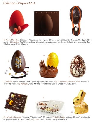 1) Pierre Marcolini, Gâteau de Pâques, version 6 parts 39 euros ou individuel 6,50 euros. Flat Egg 19,50
euros - 2) Lenôtre, Oeuf Montgolfière lait ou noir, en suspension au-dessus de Paris avec une petite Tour
Eiffel en métal doré, 38 euros.
3) Hédiard, Oeufs lentilles Or et Argent, à partir de 39 euros - 4) La Grande Epicerie de Paris, Poule à la
coque 45 euros - 5) Monoprix, Oeuf Marbré noir et blanc "La Fée Chocolat" 19,60 euros.
6) Lafayette Gourmet, Tablette "Pâques-man", 59 euros - 7) Café-Tasse, boîte de 18 oeufs en chocolat
bio praliné noisette, 14,25 euros - 8) Lindt, Lapin Or Blanc 200g, 5,49 euros.
 