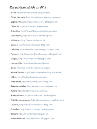 Marie, http://verveine-peche.blogspot.com
Plaisir des mets, http://leplaisirdesmets.over-blog.com
Sophie, http://danslacuisinedesophie.blogspot.com
Céline M, http://artichautetcerisenoire.fr
Anoushka, http://anoushkaencuisine.blogspot.com
Cookingout, http://cookingout.canalblog.com
Midinettes, http://www.midinettes.be
Oceane, http://bioisbiotiful.over-blog.com
Delphine, http://www.lecomptoirdespassionnes.com
Florence, http://gourmandiseschroniques.blogspot.com
Duigou, http://lacuisinededey.blogspot.com
Lauresophie, http://www.lauresophie.com
Bwak, http://jve-etre-bonne.blogspot.com
MelinaCuisine, http://melinacuisine.bleublog.lematin.ch
Lilibox, http://myfoodbox.blogspot.com
Hèle Heldé, http://motsetmets.canalblog.com
Saveurs croisées, http://www.saveurscroisees.com
Aurore, http://unefillencuisine.canalblog
RoseAndCook, http://roseandcook.canalblog.com
Et toi tu manges quoi, http://tumangesquoi.canalblog.com
Laurette, http://laurettecuisine.canalblog.com
Cricridam, http://www.cricridam.canalblog.com
Barbara, http://www.lefrigomagique.com
Julie-deliciours, http://deliciours.blogspot.com
 