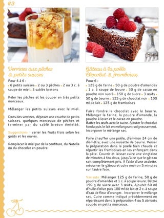 Pour 4 à 6 :
6 petits suisses 2 ou 3 pêches 2 ou 3 c. à
soupe de miel 3 sablés bretons
Peler les pêches et les couper en très petits
morceaux.
Mélanger les petits suisses avec le miel.
Dans des verrines, déposer une couche de petits
suisses, quelques morceaux de pêches et
terminer par du sablé breton émietté.
Suggestions : varier les fruits frais selon les
goûts et les envies.
Remplacer le miel par de la confiture, du Nutella
ou du chocolat en poudre.
Pour 6 :
125 g de farine 50 g de poudre d’amandes
1 c. à soupe de levure 30 g de cacao en
poudre non sucré 150 g de sucre 3 œufs
50 g de beurre 125 g de chocolat noir 100
ml de lait 125 g de framboises
Faire fondre le chocolat avec le beurre.
Mélanger la farine, la poudre d’amande, la
poudre à lever et le cacao en poudre.
Battre les œufs avec le sucre. Ajouter le chocolat
fondu puis le lait en mélangeant soigneusement.
Incorporer le mélange sec.
Faire chauffer une poêle, d’environ 24 cm de
diamètre, avec une noisette de beurre. Verser
la préparation dans la poêle bien chaude et
répartir les framboises en les enfonçant dans
la pâte. Couvrir et laisser cuire une vingtaine
de minutes à feu doux, jusqu’à ce que le gâteau
soit complètement pris. À l’aide d’une assiette,
retourner le gâteau et cuire environ 5 minutes
sur l’autre face.
Variante :Mélanger 125 g de farine, 50 g de
poudre d’amandes et 1 c. à soupe levure. Battre
150 g de sucre avec 3 œufs. Ajouter 60 ml
d’huile d’olive puis 100 ml de lait et 2 c. à soupe
d‘eau de fleur d‘oranger. Incorporer le mélange
sec. Cuire comme indiqué précédemment en
répartissant dans la préparation 4 ou 5 abricots
coupés en petits morceaux.
 