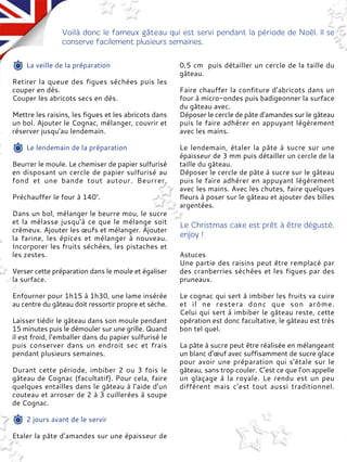 La veille de la préparation
Retirer la queue des figues séchées puis les
couper en dés.
Couper les abricots secs en dés.
Mettre les raisins, les figues et les abricots dans
un bol. Ajouter le Cognac, mélanger, couvrir et
réserver jusqu’au lendemain.
Le lendemain de la préparation
Beurrer le moule. Le chemiser de papier sulfurisé
en disposant un cercle de papier sulfurisé au
fond et une bande tout autour. Beurrer.
Préchauffer le four à 140°.
Dans un bol, mélanger le beurre mou, le sucre
et la mélasse jusqu’à ce que le mélange soit
crémeux. Ajouter les œufs et mélanger. Ajouter
la farine, les épices et mélanger à nouveau.
Incorporer les fruits séchées, les pistaches et
les zestes.
Verser cette préparation dans le moule et égaliser
la surface.
Enfourner pour 1h15 à 1h30, une lame insérée
au centre du gâteau doit ressortir propre et sèche.
Laisser tiédir le gâteau dans son moule pendant
15 minutes puis le démouler sur une grille. Quand
il est froid, l’emballer dans du papier sulfurisé le
puis conserver dans un endroit sec et frais
pendant plusieurs semaines.
Durant cette période, imbiber 2 ou 3 fois le
gâteau de Cognac (facultatif). Pour cela, faire
quelques entailles dans le gâteau à l’aide d’un
couteau et arroser de 2 à 3 cuillerées à soupe
de Cognac.
2 jours avant de le servir
Etaler la pâte d’amandes sur une épaisseur de
0,5 cm puis détailler un cercle de la taille du
gâteau.
Faire chauffer la confiture d’abricots dans un
four à micro-ondes puis badigeonner la surface
du gâteau avec.
Déposer le cercle de pâte d’amandes sur le gâteau
puis le faire adhérer en appuyant légèrement
avec les mains.
Le lendemain, étaler la pâte à sucre sur une
épaisseur de 3 mm puis détailler un cercle de la
taille du gâteau.
Déposer le cercle de pâte à sucre sur le gâteau
puis le faire adhérer en appuyant légèrement
avec les mains. Avec les chutes, faire quelques
fleurs à poser sur le gâteau et ajouter des billes
argentées.
Astuces
Une partie des raisins peut être remplacé par
des cranberries séchées et les figues par des
pruneaux.
Le cognac qui sert à imbiber les fruits va cuire
et il ne restera donc que son arôme.
Celui qui sert à imbiber le gâteau reste, cette
opération est donc facultative, le gâteau est très
bon tel quel.
La pâte à sucre peut être réalisée en mélangeant
un blanc d’œuf avec suffisamment de sucre glace
pour avoir une préparation qui s’étale sur le
gâteau, sans trop couler. C’est ce que l’on appelle
un glaçage à la royale. Le rendu est un peu
différent mais c’est tout aussi traditionnel.
 