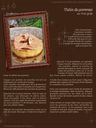 Pour 4 personnes :
4 pommes reinette
50 g de beurre doux
1 c. à café de sucre en poudre
150 g de foie gras mi cuit
3 c. à soupe d’huile de noisette
1 c. à soupe de vinaigre balsamique
poivre et gros sel
Laver et sécher les pommes.
Couper une pomme en tranches de 0,5 cm
d’épaisseur en conservant la peau.
Faire chauffer une poêle avec 20 g de beurre et
faire cuire à feu doux 5 minutes sur chaque face.
Retourner délicatement les tranches de pommes.
Eplucher les 3 autres pommes. Oter le cœur et
les pépins. Les découper en petits cubes.
Dans une poêle, à feu doux, avec le beurre
restant, cuire les cubes de pommes saupoudrés
de sucre pendant 7 à 8 minutes. Les réserver
pour les utiliser tièdes.
Déposer les tranches de pommes cuites sur le
plan de travail. Découper, à l’aide d’un emporte-
pièce de 7 cm de diamètre, un rond dans
chaque tranche. Déposer le cercle dans
une assiette, mettre la tranche de
pomme découpée au fond, recouvrir de
cubes de pommes cuites sur 2 cm de
hauteur et tasser délicatement avec le
dos d’une petite cuillère. Retirer le cercle.
A l’aide d’un couteau ou d’un rasoir à légumes,
prélever des copeaux de foie gras et les disposer
en rosace sur les pommes.
Faire une vinaigrette avec l‘huile de noisette et
le vinaigre balsamique. Saler et poivrer. Déposer
quelques gouttes sur les côtés de la tatin.
Ajouter un tour de moulin à poivre et des cristaux
de gros sel.
Cette entrée se mange tiède mais vous pouvez
cuire les pommes et les faire réchauffer au
moment de servir. Si les pommes sont trop
chaudes le foie gras risque de fondre, il est donc
important qu’elles soient tièdes.
 