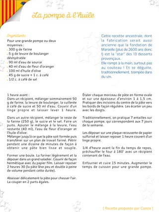 Pour une grande pompe ou deux
moyennes :
300 g de farine
5 g de levure de boulanger
déshydratée
90 ml d’eau de source
40 ml d’eau de fleur d’oranger
100 ml d’huile d’olive
45 g de sucre + 1 c. à café
1/2 c. à café de sel
1 heure avant :
Dans un récipient, mélanger sommairement 50
g de farine, la levure de boulanger, la cuillerée
à café de sucre et 50 ml d’eau. Couvrir d’un
linge propre et laisser lever 1 heure.
Dans un autre récipient, mélanger le reste de
la farine (250 g), le sucre et le sel. Faire un
puits. Ajouter le mélange à la levure, l’eau
restante (40 ml), l’eau de fleur d’oranger et
l’huile d’olive.
Mélanger jusqu’à ce que la pâte soit formée puis
transférer sur un plan de travail fariné. Pétrir
pendant une dizaine de minutes de façon à
obtenir une pâte bien lisse et souple.
Former une boule. La fariner légèrement et la
déposer dans un grand saladier. Couvrir de façon
hermétique avec du papier film. Laisser reposer
2 heures 30 (la pâte lève peu et double à peine
de volume pendant cette durée).
Abaisser délicatement la pâte pour chasser l’air.
La couper en 2 parts égales.
Étaler chaque morceau de pâte en forme ovale
et sur une épaisseur d’environ 1 à 1,5 cm.
Pratiquer des incisions du centre de la pâte vers
les bords de façon régulière. Les écarter un peu
avec les doigts.
Traditionnellement, on pratique 7 entailles sur
chaque pompe, qui correspondent aux 7 jours
de la semaine.
Les déposer sur une plaque recouverte de papier
sulfurisé et laisser reposer 1 heure couvert d’un
linge propre.
1/4 d’heure avant la fin du temps de repos,
préchauffer le four à 180° avec un récipient
contenant de l’eau.
Enfourner et cuire 15 minutes. Augmenter le
temps de cuisson pour une grande pompe.
 
