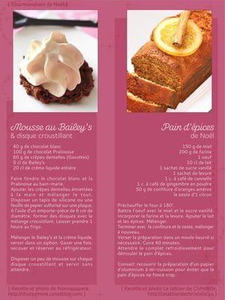 150 g de miel
200 g de farine
1 oeuf
10 cl de lait
1 sachet de sucre vanillé
1 sachet de levure
1 c. à café de cannelle
1 c. à café de gingembre en poudre
50 g de confiture d’oranges amères
le zeste d’1 citron
Préchauffer le four à 180°.
Battre l’oeuf avec le miel et le sucre vanillé.
Incorporer la farine et la levure. Ajouter le lait
et les épices. Mélanger.
Terminer avec la confiture et le zeste, mélanger
à nouveau.
Verser la préparation dans un moule beurré si
nécessaire. Cuire 40 minutes.
Attendre le complet refroidissement pour
démouler le pain d’épices.
Conseil: recouvrir la préparation d’un papier
d’aluminium à mi-cuisson pour éviter que le
pain d’épices ne fonce trop.
40 g de chocolat blanc
100 g de chocolat Pralinoise
60 g de crêpes dentelles (Gavottes)
5 cl de Bailey's
20 cl de crème liquide entière
Faire fondre le chocolat blanc et la
Pralinoise au bain-marie.
Ajouter les crêpes dentelles émiettées
à la main et mélanger le tout.
Disposer un tapis de silicone ou une
feuille de papier sulfurisé sur une plaque.
A l’aide d’un emporte-pièce de 6 cm de
diamètre, former des disques avec le
mélange croustillant. Laisser prendre 1
heure au frigo.
Mélanger le Bailey's et la crème liquide,
verser dans un siphon. Gazer une fois,
secouer et réserver au réfrigérateur.
Disposer un peu de mousse sur chaque
disque croustillant et servir sans
attendre.
 