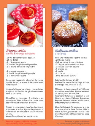 Pour une vingtaine de petits cakes :
200 g de farine
1/2 sachet de levure chimique
175 g de beurre demi-sel mou
175 g de sucre en poudre
1 orange bio
2 oeufs
6 cl de lait
50 g de raisins sultana
Préchauffer le four à 180°.
Prélever le zeste de l'orange à l'aide
d'une râpe fine. Presser le jus.
Mélanger le beurre ramolli et 100 g de
sucre dans un saladier. Ajouter les oeufs
un par un, tout en remuant.
Incorporer la farine, le zeste et le lait.
Ajouter les raisins. Mélanger à nouveau.
Répartir dans des moules en silicone et
enfourner pour 15 minutes.
Chauffer le jus de l'orange avec le reste
de sucre pour le faire fondre. Dès la
sortie du four, piquer les cakes à l'aide
d'une fourchette et les arroser du sirop
d'orange.
20 ml de crème liquide épaisse
25 ml de lait
2 c. à soupe de sucre
2 feuilles de gélatine réhydratées
1 c. à café de vanille en poudre
4 oranges sanguines
1 feuille de gélatine réhydratée
1 c. à soupe de sucre
Dans une casserole, chauffer la crème
liquide, le lait, le sucre et la vanille sans
faire bouillir.
Lorsque le liquide est chaud, couper le feu
et ajouter les feuilles de gélatine essorées
dans la casserole.
Chauffer à nouveau 2 minutes en
mélangeant bien. Répartir la crème dans
des verrines et réfrigérer 8 heures.
Presser les oranges et chauffer doucement
le jus avec le sucre. Ajouter la gélatine, la
faire fondre en remuant et laisser refroidir
un peu.
Verser le coulis sur les panna cotta.
 