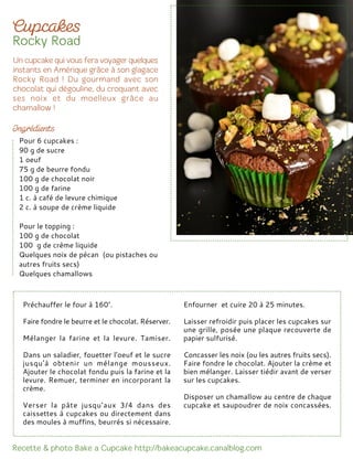 Préchauffer le four à 160°.
Faire fondre le beurre et le chocolat. Réserver.
Mélanger la farine et la levure. Tamiser.
Dans un saladier, fouetter l'oeuf et le sucre
jusqu'à obtenir un mélange mousseux.
Ajouter le chocolat fondu puis la farine et la
levure. Remuer, terminer en incorporant la
crème.
Verser la pâte jusqu’aux 3/4 dans des
caissettes à cupcakes ou directement dans
des moules à muffins, beurrés si nécessaire.
Enfourner et cuire 20 à 25 minutes.
Laisser refroidir puis placer les cupcakes sur
une grille, posée une plaque recouverte de
papier sulfurisé.
Concasser les noix (ou les autres fruits secs).
Faire fondre le chocolat. Ajouter la crème et
bien mélanger. Laisser tiédir avant de verser
sur les cupcakes.
Disposer un chamallow au centre de chaque
cupcake et saupoudrer de noix concassées.
Pour 6 cupcakes :
90 g de sucre
1 oeuf
75 g de beurre fondu
100 g de chocolat noir
100 g de farine
1 c. à café de levure chimique
2 c. à soupe de crème liquide
Pour le topping :
100 g de chocolat
100 g de crème liquide
Quelques noix de pécan (ou pistaches ou
autres fruits secs)
Quelques chamallows
 