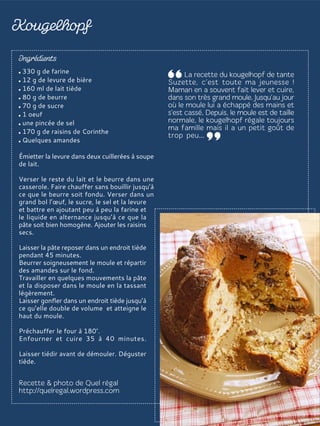 330 g de farine
12 g de levure de bière
160 ml de lait tiède
80 g de beurre
70 g de sucre
1 oeuf
une pincée de sel
170 g de raisins de Corinthe
Quelques amandes
Émietter la levure dans deux cuillerées à soupe
de lait.
Verser le reste du lait et le beurre dans une
casserole. Faire chauffer sans bouillir jusqu’à
ce que le beurre soit fondu. Verser dans un
grand bol l’œuf, le sucre, le sel et la levure
et battre en ajoutant peu à peu la farine et
le liquide en alternance jusqu’à ce que la
pâte soit bien homogène. Ajouter les raisins
secs.
Laisser la pâte reposer dans un endroit tiède
pendant 45 minutes.
Beurrer soigneusement le moule et répartir
des amandes sur le fond.
Travailler en quelques mouvements la pâte
et la disposer dans le moule en la tassant
légèrement.
Laisser gonfler dans un endroit tiède jusqu’à
ce qu’elle double de volume et atteigne le
haut du moule.
Préchauffer le four à 180°.
Enfourner et cuire 35 à 40 minutes.
Laisser tiédir avant de démouler. Déguster
tiède.
 