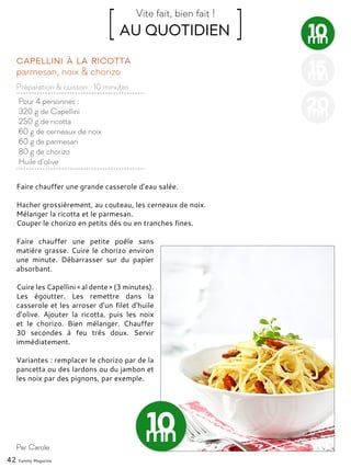 42 Yummy Magazine
10mn
15mn
20mn
Pour 4 personnes :
320 g de Capellini
250 g de ricotta
60 g de cerneaux de noix
60 g de parmesan
80 g de chorizo
Huile d’olive
parmesan, noix & chorizo
Capellini à la ricotta
Faire chauffer une grande casserole d’eau salée.
Hacher grossièrement, au couteau, les cerneaux de noix.
Mélanger la ricotta et le parmesan.
Couper le chorizo en petits dés ou en tranches fines.
Faire chauffer une petite poêle sans
matière grasse. Cuire le chorizo environ
une minute. Débarrasser sur du papier
absorbant.
Cuire les Capellini « al dente » (3 minutes).
Les égoutter. Les remettre dans la
casserole et les arroser d’un filet d’huile
d’olive. Ajouter la ricotta, puis les noix
et le chorizo. Bien mélanger. Chauffer
30 secondes à feu très doux. Servir
immédiatement.
Variantes : remplacer le chorizo par de la
pancetta ou des lardons ou du jambon et
les noix par des pignons, par exemple.
Par Carole
[ AU QUOTIDIEN ]Vite fait, bien fait !
Préparation & cuisson : 10 minutes
 