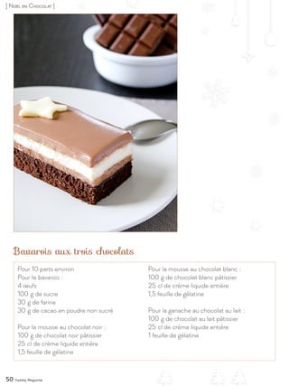 Bavarois aux trois chocolats
50 Yummy Magazine
[ Noël en Chocolat ]
Pour 10 parts environ
Pour le bavarois :
4 œufs
100 g de sucre
30 g de farine
30 g de cacao en poudre non sucré
Pour la mousse au chocolat noir :
100 g de chocolat noir pâtissier
25 cl de crème liquide entière
1,5 feuille de gélatine
Pour la mousse au chocolat blanc :
100 g de chocolat blanc pâtissier
25 cl de crème liquide entière
1,5 feuille de gélatine
Pour la ganache au chocolat au lait :
100 g de chocolat au lait pâtissier
25 cl de crème liquide entière
1 feuille de gélatine
 