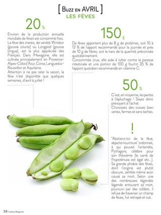 16 Yummy Magazine
les fèves
[Buzz en AVRIL ]
Environ de la production annuelle
mondiale de fèves est consommé frais.
La fève des marais, de variété Windsor
(gousse courte) ou Longpod (gousse
longue), est la plus appréciée des
Français. Dans l'Hexagone, elle est
cultivée principalement en Provence-
Alpes-Côted’Azur,Corse,Languedoc-
Roussillon et Aquitaine.
Attention à ne pas rater la saison, la
fève n’est disponible que quelques
semaines, d’avril à juillet !
De fèves apportent plus de 8 g de protéines, soit 10 à
13 % de l'apport recommandé pour la journée et près
de 10 g de fibres, soit le tiers de la quantité préconisée
quotidiennement.
Consommée crue, elle aide à lutter contre la paresse
intestinale et une portion de 100 g fournit 35 % de
l'apport quotidien recommandé en vitamine C.
"Abstiens-toi de la fève,
abjectenourriture”ordonnait,
à qui pouvait l’entendre,
Pythagore, célèbre pour
son théorème (le carré de
l'hypoténuse est égal etc…).
Sa grande phobie des fèves,
dont l’origine est plutôt
obscure, semble même avoir
causé sa mort. Selon une
des nombreuses légendes
légende entourant sa mort,
poursuivi par des soldats, il
refusa de traverser un champ
de fèves, fut rattrapé et tué.
C’est,enmoyenne,lespertes
à l’épluchage ! Soyez donc
prévoyant à l’achat.
Choisissez des cosses bien
vertes, fermes et sans taches.
 