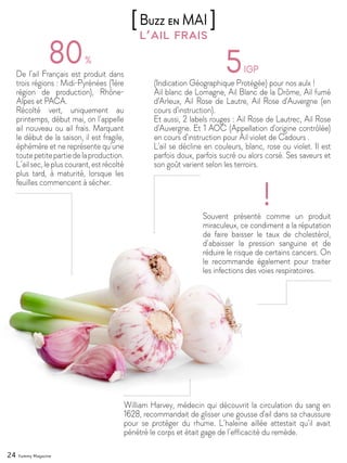24 Yummy Magazine
l’ail frais
[Buzz en MAI ]
De l’ail Français est produit dans
trois régions : Midi-Pyrénées (1ère
région de production), Rhône-
Alpes et PACA.
Récolté vert, uniquement au
printemps, début mai, on l’appelle
ail nouveau ou ail frais. Marquant
le début de la saison, il est fragile,
éphémère et ne représente qu’une
toutepetitepartiedelaproduction.
L’ailsec,lepluscourant,estrécolté
plus tard, à maturité, lorsque les
feuilles commencent à sécher.
(Indication Géographique Protégée) pour nos aulx !
Ail blanc de Lomagne, Ail Blanc de la Drôme, Ail fumé
d'Arleux, Ail Rose de Lautre, Ail Rose d'Auvergne (en
cours d'instruction).
Et aussi, 2 labels rouges : Ail Rose de Lautrec, Ail Rose
d'Auvergne. Et 1 AOC (Appellation d'origine contrôlée)
en cours d'instruction pour Ail violet de Cadours .
L'ail se décline en couleurs, blanc, rose ou violet. Il est
parfois doux, parfois sucré ou alors corsé. Ses saveurs et
son goût varient selon les terroirs.
William Harvey, médecin qui découvrit la circulation du sang en
1628, recommandait de glisser une gousse d'ail dans sa chaussure
pour se protéger du rhume. L’haleine aillée attestait qu’il avait
pénétré le corps et était gage de l’efficacité du remède.
Souvent présenté comme un produit
miraculeux, ce condiment a la réputation
de faire baisser le taux de cholestérol,
d’abaisser la pression sanguine et de
réduire le risque de certains cancers. On
le recommande également pour traiter
les infections des voies respiratoires.
 
