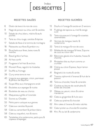 [ DES RECETTES ]Index
6	 Gratin de kiwis à la noix de coco
9	 Nage de poisson au chou vert & carottes
10	 Salade de chou blanc, mâche & œufs 		
	pochés
11	 Tarte au chou rouge, carottes & épices
17	 Salade de fèves à la tomme de montagne
18	 Pastasotto aux fèves & jambon cru
19	 Bruschetta aux fèves, baies roses & 		
	menthe
25	 Boeuf grillé à l’ail frais
26	 Ail frais confit
27	 Fougasse à l’ail frais & anchois
29	 Khoresh Rivas, ragoût à la rhubarbe
37	 Soufflé au fromage
39	 Curry entre terre et mer
40	 Linguine aux asperges, citron, parmesan 		
	 & jambon de Bayonne
42	 Soupe Miso aux champignons enoki
43	 Boulettes aux asperges & ricotta
44	 Boulettes de veau au chorizo
45	 Maquereaux grillés à l’orientale
52	 Scones au Cheddar
55	 Petits pains rustiques aux graines
57	 Cake aux carottes & poulet
58	 Cake au camembert & jambon blanc
59	 Cake au roquefort, noix & raisins
65	 Tartelettes à la cardamome, petits pois & 	
	 copeaux d’asperges
13	 Doufrui à l’orange & carotte en 2 versions
14	 Puddings de tapioca au miel & orange 		
	curd
15	 Tarte mousseuse à l’orange & noisettes 		
	caramélisées
21	 Verrines de mangue, basilic & 				
	cardamome
22	 Tarte à la mangue & noix de coco
23	 Millefeuille de mangue & fraise, Espuma 		
	 de coco au citron vert
30	 Bâtonnets glacés à la rhubarbe, fraises & 	
	chantilly
31	 Rhubarbe rôtie au thym comme un 		
	crumble
38	 Crème au citron Express, façon lemon 		
	posset
41	 Beignets à la ricotta & vanille
47	 Tiramisu siphonné à l’ananas & fruit de la 	
	passion
48	 Tarte au chocolat, fraise & coriandre
50	 Cookies au beurre de cacahuètes & 		
	 éclats de chocolat
51	 Gâteau au yaourt, citron & crème 			
	mandarine
60	 Cake au gingembre & fruits secs
61	 Cake aux pralines & chocolat
62	 Mini cakes à l’ananas & melon séchés
63	 Cake tyrolien au chocolat & noisettes
66	 Khir, Riz au lait & cardamome
Recettes sucréesRecettes salées
Yummy Magazine 67
 