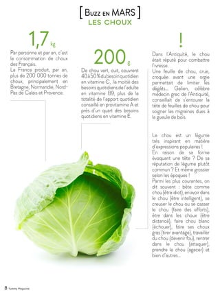 8 Yummy Magazine
les choux
[Buzz en MARS ]
Par personne et par an, c’est
la consommation de choux
des Français.
La France produit, par an,
plus de 200 000 tonnes de
choux, principalement en
Bretagne, Normandie, Nord-
Pas de Calais et Provence.
De chou vert, cuit, couvrent
40à50%dubesoinquotidien
en vitamine C, la moitié des
besoinsquotidiensdel’adulte
en vitamine B9, plus de la
totalité de l’apport quotidien
conseillé en provitamine A et
près d’un quart des besoins
quotidiens en vitamine E.
Le chou est un légume
très inspirant en matière
d’expressions populaires !
En raison de sa forme
évoquant une tête ? De sa
réputation de légume plutôt
commun ? Et même grossier
selon les époques !
Parmi les plus courantes, on
dit souvent : bête comme
chou(êtreidiot),enavoirdans
le chou (être intelligent), se
creuser le chou ou se casser
le chou (faire des efforts),
être dans les choux (être
distancé), faire chou blanc
(échouer), faire ses choux
gras (tirer avantage), travailler
du chou (devenir fou), rentrer
dans le chou (attaquer),
prendre le chou (agacer) et
bien d’autres…
Dans l’Antiquité, le chou
était réputé pour combattre
l’ivresse.
Une feuille de chou, crue,
croquée avant une orgie
permettait de limiter les
dégâts… Galien, célèbre
médecin grec de l'Antiquité,
conseillait de s’entourer la
tête de feuilles de chou pour
soigner les migraines dues à
la gueule de bois.
 