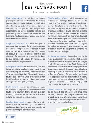 Maki Manoukian : je lui fais un burger
provençal : entre deux tranches de panisse
je mets du carpaccio de bœuf mariné à l’ail
et au basilic, du chèvre frais et des tomates
confites, et la plupart du temps c’est
accompagné de petits mezzés comme des
poivrons grillés marinés à la coriandre, des
beignets d’aubergines aux graines de cumin
et de tzatziki aux noix !
Stéphanie Van Der B : pour ma part je
compose des plateaux TV à mon amoureux
de Sportif composés de sandwich maison
avec un Pain Pita, des oeufs au plat dedans
et dessus & des concombres marinés aux
piments. En dessert un crumble de Petit
Lu aux pommes et épices. Un vrai repas de
champion light et gourmand !!
Voyage Gourmand : pour un plateau télé, moi
j’aime bien faire oeufs cocotte : c’est simple
car on le prépare en 5 min, on enfourne et il
n’y a plus qu’à déguster. Et on peut y ajouter
tout ce que l’on veut (mes préférés: saumon
fumé/aneth ou roquefort). Avec une salade
et un peu de pain grillé, yummy !
Stef Michelet : rouleau de printemps, bagels
au saumon ou au poulet /crudités et wraps de
toute sorte saumon, thon, jambon, pan con
tomate, tortilla et en dessert petit macaron
nutella ou framboise..miam miam
Bouilles Gourmandes : repas télé type ici...
crudités/dip et tartines (par ex tomates
séchées/chèvre/gruyère sur une tranche de
pain de campagne dorée au four)...
Claude Achard Carel : mini fougasses au
romarin, au fromage fondu, au confit de
canard - Tartinades : crème d’artichauts,
crème d’anchois à la menthe, crème de
sardines à l’origan - Muffins salés : magret +
pruneaux, jambon + olives, tomates séchées
+ feta - Tartines : cream cheese + saumon+
concombre, fromage frais+tranches d’avocat
+coriandre,fromagefrais+radis+ciboulette
- Verrines de soupe froides : gaspacho,
carottes coriandre, melon et porto - Piques
de melon au jambon / feta tomates cerise/
pruneaux bacon. En adaptant le contenu du
plateau au match du jour
1 raleuse en cuisine : devant les matchs de
foot, forcément il y a de la bière !!! et ensuite
je pioche dans mon blog mes recettes «finger
food» !!!! comme c’est du foot, fatalement
c’est selon l’envie de mon chéri ! ça peut aller
des nuggets avec de la sauce curry à la pizza
hot dog et croûte au gouda ou au burger à
la fourme d’ambert façon camion qui fume
!! et depuis que je fais mes tortillas maison,
c’est wrap ou encore mieux quesallidas !!!!
et pour le dessert ????? pas le temps, il est
trop occupé à sauter sur le canapé
Babeth’s cuisine : du temps de ma jeunesse
où on faisait des plateaux télé chez mes
parents, c’étaient les croque monsieur qui
avaient notre faveur!....classiques au jambon
et fromage.....ou avec un petit oeuf dedans....
et au chocolat pour le dessert.....
[ des plateaux foot ]Idées autour
Par nos amis Facebook
80 Yummy Magazine
Brésil 2014
12 juin - 13 juillet
 