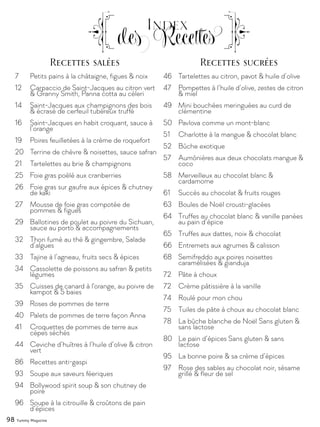 des Recettes
Index
7	 Petits pains à la châtaigne, figues & noix
12	 Carpaccio de Saint-Jacques au citron vert 	
	 & Granny Smith, Panna cotta au céleri
14	 Saint-Jacques aux champignons des bois 	
	 & écrasé de cerfeuil tubéreux truffé
16	 Saint-Jacques en habit croquant, sauce à 	
	l’orange
19	 Poires feuilletées à la crème de roquefort
20	 Terrine de chèvre & noisettes, sauce safran
21	 Tartelettes au brie & champignons
25	 Foie gras poêlé aux cranberries
26	 Foie gras sur gaufre aux épices & chutney 	
	 de kaki
27	 Mousse de foie gras compotée de 			
	 pommes & figues
29	 Ballotines de poulet au poivre du Sichuan, 	
	 sauce au porto & accompagnements
32	 Thon fumé au thé & gingembre, Salade 		
	d’algues
33	 Tajine à l’agneau, fruits secs & épices
34	 Cassolette de poissons au safran & petits 	
	légumes
35	 Cuisses de canard à l'orange, au poivre de 	
	 kampot & 5 baies
39	 Roses de pommes de terre
40	 Palets de pommes de terre façon Anna
41	 Croquettes de pommes de terre aux 		
	 cèpes séchés
44	 Ceviche d’huîtres à l’huile d’olive & citron 	
	vert
86	 Recettes anti-gaspi
93	 Soupe aux saveurs féeriques
94	 Bollywood spirit soup & son chutney de 		
	poire
96	 Soupe à la citrouille & croûtons de pain 		
	d’épices
46	 Tartelettes au citron, pavot & huile d’olive
47	 Pompettes à l’huile d’olive, zestes de citron 	
	 & miel
49	 Mini bouchées meringuées au curd de 		
	clémentine
50	 Pavlova comme un mont-blanc
51	 Charlotte à la mangue & chocolat blanc
52	 Bûche exotique
57	 Aumônières aux deux chocolats mangue & 	
	coco
58	 Merveilleux au chocolat blanc & 			
	cardamome
61	 Succès au chocolat & fruits rouges
63	 Boules de Noël crousti-glacées
64	 Truffes au chocolat blanc & vanille panées 	
	 au pain d’épice
65	 Truffes aux dattes, noix & chocolat
66	 Entremets aux agrumes & calisson
68	 Semifreddo aux poires noisettes 			
	 caramélisées & gianduja
72	 Pâte à choux
72	 Crème pâtissière à la vanille
74	 Roulé pour mon chou
75	 Tuiles de pâte à choux au chocolat blanc
78	 La bûche blanche de Noël Sans gluten & 	
	 sans lactose
80	 Le pain d’épices Sans gluten & sans 		
	lactose
95	 La bonne poire & sa crème d’épices
97	 Rose des sables au chocolat noir, sésame 	
	 grillé & fleur de sel
Recettes sucréesRecettes salées
98 Yummy Magazine
 