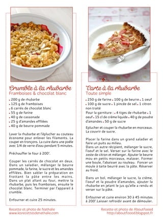 Eplucher et couper la rhubarbe en morceaux.
La couvrir de sucre.
Placer la farine dans un grand saladier et
faire un puits au milieu.
Dans un autre récipient, mélanger le sucre,
l'oeuf et le sel. Verser sur la farine avec le
zeste de citron et mélanger. Ajouter le beurre
mou en petits morceaux, malaxer. Former
une boule, l’abaisser au rouleau. Foncer un
moule à tarte beurré avec la pâte. Réserver
au froid.
Dans un bol, mélanger le sucre, la crème,
l'oeuf et la poudre d'amandes, ajouter la
rhubarbe en jetant le jus qu’elle a rendu et
verser sur la pâte.
Enfourner et cuire environ 30 à 45 minutes
à 200°.Laisser refroidir avant de démouler.
200 g de rhubarbe
125 g de framboises
6 carrés de chocolat blanc
55 g de farine
40 g de cassonade
25 g d’amandes effilées
40 g de beurre pommade
Laver la rhubarbe et l’éplucher au couteau
économe pour enlever les filaments. La
couper en tronçons. La cuire dans une poêle
avec 1/4 de verre d’eau pendant 5 minutes.
Préchauffer le four à 200°.
Couper les carrés de chocolat en deux.
Dans un saladier, mélanger le beurre
pommade, la farine, le sucre et les amandes
effilées. Bien sabler la préparation en
frottant la pâte entre les mains.
Dans un plat allant au four, mettre la
rhubarbe, puis les framboises, ensuite le
chocolat blanc. Terminer par l’appareil à
crumble.
Enfourner et cuire 25 minutes.
250 g de farine 100 g de beurre 1 oeuf
100 g de sucre 1 pincée de sel 1 citron
non traité
Pour la garniture : 4 tiges de rhubarbe 1
oeuf 15 cl de crème liquide 40 g de poudre
d'amandes 50 g de sucre
 