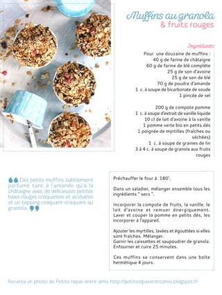 Préchauffer le four à 180°.
Dans un saladier, mélanger ensemble tous les
ingrédients " secs ".
Incorporer la compote de fruits, la vanille, le
lait d'avoine et remuer énergiquement.
Laver et couper la pomme en petits dés, les
incorporer à l'appareil.
Ajouter les myrtilles, lavées et égouttées si elles
sont fraîches. Mélanger.
Garnir les caissettes et saupoudrer de granola.
Enfourner et cuire 25 minutes.
Ces muffins se conservent dans une boîte
hermétique 4 jours.
Pour une douzaine de muffins :
40 g de farine de châtaigne
60 g de farine de blé complète
25 g de son d'avoine
25 g de son de blé
70 g de poudre d'amande
1 c. à soupe de bicarbonate de soude
1 pincée de sel
200 g de compote pomme
1 c. à soupe d'extrait de vanille liquide
10 cl de lait d'avoine à la vanille
1 pomme verte bio en petits dés
1 poignée de myrtilles (fraîches ou
séchées)
1 c. à soupe de graines de lin
3 à 4 c. à soupe de granola aux fruits
rouges
 