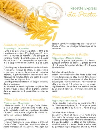 Proposée par : Le houerou
200 g de pâtes type tagliatelle 300 g de
crevettes roses cuites 25 g de pignons 1 citron
vert 6 feuilles de menthe 1/2 bouquet de
coriandre fraîche 1 piment oiseau 2 c. à soupe
de sauce soja 1 c. à soupe de sauce poisson
3 c. à soupe d’huile de sésame 5 g de sucre
Cuire les pâtes et les rafraîchir dans l’eau froide.
Mélanger 3/4 du jus de citron, les sauces soja
et poisson, le sucre, la menthe et coriandre
hachées, le piment ciselé et l’huile de sésame.
Réserver 30 minutes. Dans une poêle, à feu vif,
faire griller les pignons à sec.
Décortiquer les crevettes et les couper en deux,
dans la longueur.
Au moment de servir égoutter les pâtes, les
mélanger avec la sauce et les pignons. Dresser
dans les assiettes en disposant les crevettes au
dessus.
Proposée par : Aboutfoood
200 g de ricotta 2 c. à soupe d'huile d’olive
le jus d'un citron 10 cl de crème fraîche 500
g de tagliatelles fraîches quelques tomates
séchées une bonne poignée de roquette
parmesan vinaigre balsamique
Cuire les pâtes al dente.
Mélanger la ricotta, le jus de citron, la crème et
l’huile d'olive. Couper les tomates séchées en
petits morceaux et les ajouter. Mélanger aux
pâtes et servir avec la roquette arrosée d'un filet
d'huile d'olive, de vinaigre balsamique et du
parmesan.
Proposée par : Madame Gâteau
250 g de pâtes type penne 2 citrons
quelques branches de basilic 1 pincée de thym
2 c. à soupe de tomates séchées 1 c. à soupe
d'huile d'olive
Cuire les pâtes al dente.
Verser l'huile d'olive sur les pâtes et les faire
revenir dans une poêle à feu moyen-fort. Ajouter
le jus des citrons, les tomates séchées, le thym
et quelques feuilles de basilic. Faire griller les
pâtes pendant 10 minutes en remuant
régulièrement. Servir dans une assiette creuse
ou un grand bol et décorer d'une branche de
basilic.
Proposée par : Miechambo
Pâtes courtes type penne ou macaroni 20 cl
de crème semi-épaisse 3 c. à soupe de pesto
1 boite de thon au naturel huile d’olive
Cuire les pâtes al dente.
Egoutter le thon et l'écraser à l'aide d'une
fourchette. Le mélanger avec la crème. Ajouter
le pesto. Saler et poivrer. Arroser d'un filet d’huile
d’olive. Égoutter les pâtes et les mélanger
immédiatement à la sauce. Servir aussitôt avec
du parmesan râpé. Déguster chaud ou froid.
 