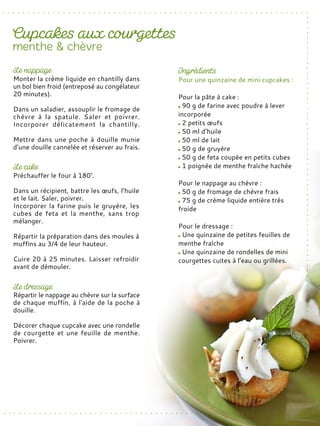 Pour une quinzaine de mini cupcakes :
Pour la pâte à cake :
90 g de farine avec poudre à lever
incorporée
2 petits œufs
50 ml d’huile
50 ml de lait
50 g de gruyère
50 g de feta coupée en petits cubes
1 poignée de menthe fraîche hachée
Pour le nappage au chèvre :
50 g de fromage de chèvre frais
75 g de crème liquide entière très
froide
Pour le dressage :
Une quinzaine de petites feuilles de
menthe fraîche
Une quinzaine de rondelles de mini
courgettes cuites à l’eau ou grillées.
Préchauffer le four à 180°.
Dans un récipient, battre les œufs, l’huile
et le lait. Saler, poivrer.
Incorporer la farine puis le gruyère, les
cubes de feta et la menthe, sans trop
mélanger.
Répartir la préparation dans des moules à
muffins au 3/4 de leur hauteur.
Cuire 20 à 25 minutes. Laisser refroidir
avant de démouler.
Monter la crème liquide en chantilly dans
un bol bien froid (entreposé au congélateur
20 minutes).
Dans un saladier, assouplir le fromage de
chèvre à la spatule. Saler et poivrer.
Incorporer délicatement la chantilly.
Mettre dans une poche à douille munie
d’une douille cannelée et réserver au frais.
Répartir le nappage au chèvre sur la surface
de chaque muffin, à l'aide de la poche à
douille.
Décorer chaque cupcake avec une rondelle
de courgette et une feuille de menthe.
Poivrer.
 