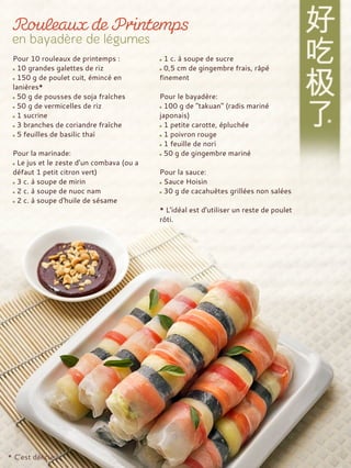 Pour 10 rouleaux de printemps :
10 grandes galettes de riz
150 g de poulet cuit, émincé en
lanières*
50 g de pousses de soja fraîches
50 g de vermicelles de riz
1 sucrine
3 branches de coriandre fraîche
5 feuilles de basilic thaï
Pour la marinade:
Le jus et le zeste d’un combava (ou a
défaut 1 petit citron vert)
3 c. à soupe de mirin
2 c. à soupe de nuoc nam
2 c. à soupe d'huile de sésame
1 c. à soupe de sucre
0,5 cm de gingembre frais, râpé
finement
Pour le bayadère:
100 g de "takuan" (radis mariné
japonais)
1 petite carotte, épluchée
1 poivron rouge
1 feuille de nori
50 g de gingembre mariné
Pour la sauce:
Sauce Hoisin
30 g de cacahuètes grillées non salées
* L’idéal est d'utiliser un reste de poulet
rôti.
* C’est délicieux
*
 