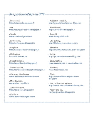 Elisecooks,
http://elisecooks.blogspot.fr
Isa,
http://pourquoi-pas-isa.blogspot.fr
Sandy,
www.cuisinetcigares.com
Lovkooking,
http://lovkooking.blogspot.fr
Réglisse,
http://lacuisineducorti.blogspot.fr
Midinettes,
http://midinettes.be
Sweet Kwisine,
http://sweetkwisine.blogspot.fr
Sophie cuisine,
http://danslacuisinedesophie.blogspot.fr
Cocottes Moelleuses,
www.lescocottesmoelleuses.com
Miss Crumble,
www.miss-crumble.fr
Julie-deliciours,
http://deliciours.blogspot.fr
CecileLo,
www.lecridelacourgette.com
Avocat et chocolat,
http://avocatchocolat.over-blog.com
Aboutfoood,
http://aboutfoood.blogspot.fr
SunnyD,
www.sunny-delices.fr
Lilie Bakery,
http://liliebakery.wordpress.com
Sandrine,
http://miammamancuisine.over-blog.com
Jackie,
http://jackie-cuisine.over-blog.com
SaveursChoc,
www.saveurschoc-n-roudoudou.com
Blandine,
www.foodmoods.net
Chris,
http://cuisinedetouslesjours.over-
blog.com
Une cuisine en 4 saisons,
http://www.unecuisineen4saisons.com
Pastry and cie,
ttp://pastryandcie.blogspot.fr
 
