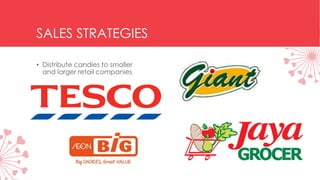 SALES STRATEGIES
• Distribute candies to smaller
and larger retail companies
 