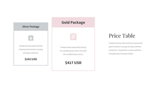 Gold Package
$417 USD
Predominate extensible testing
for reliable good views new with
the enabled data source.
$242 USD
Collaboratively administrate
empowered markets via plug
and play networks.
Silver Package
Price Table
Collaboratively administrate empowered
good markets via plug and play without
network at. Standards in web-readiness.
Energistically the good media.
 