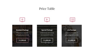 Price Table
$ 1,050.00
Lite Package
Unknown printer took a it
galley of type and scramble
$ 1,350.00
Standard Package
Predominate extensible
testing procedures reliable
Special Package
Collaboratively administrate
into empowered markets.
$ 1,850.00
 