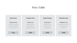 Price Table
Basic Pack Gold Package
Standar Pack
Free $350 $500
$100
Ultimate Pack
Meditation Trial
Unknown printer took a it
galley of type and
scramble end.
Drug Control
Standards in web-
readiness media.
Energistically out.
Patient Care
Collaboratively end
administrate into
empowered markets.
Clinical Service
Predominate extensible
testing for reliable good
views new normal.
 