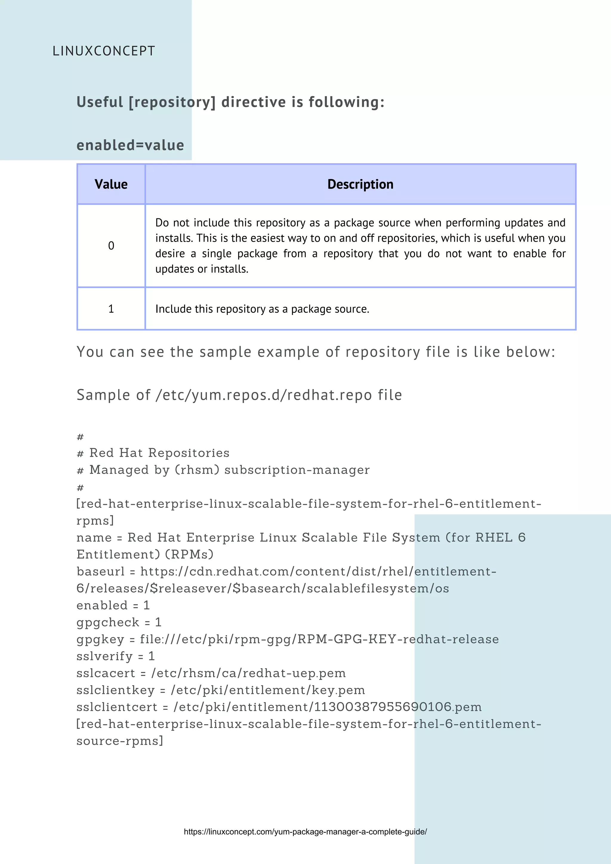 Useful [repository] directive is following:
enabled=value
Value Description
0
Do not include this repository as a package source when performing updates and
installs. This is the easiest way to on and off repositories, which is useful when you
desire a single package from a repository that you do not want to enable for
updates or installs.
1 Include this repository as a package source.


LINUXCONCEPT
You can see the sample example of repository file is like below:
Sample of /etc/yum.repos.d/redhat.repo file
#
# Red Hat Repositories
# Managed by (rhsm) subscription-manager
#
[red-hat-enterprise-linux-scalable-file-system-for-rhel-6-entitlement-
rpms]
name = Red Hat Enterprise Linux Scalable File System (for RHEL 6
Entitlement) (RPMs)
baseurl = https://cdn.redhat.com/content/dist/rhel/entitlement-
6/releases/$releasever/$basearch/scalablefilesystem/os
enabled = 1
gpgcheck = 1
gpgkey = file:///etc/pki/rpm-gpg/RPM-GPG-KEY-redhat-release
sslverify = 1
sslcacert = /etc/rhsm/ca/redhat-uep.pem
sslclientkey = /etc/pki/entitlement/key.pem
sslclientcert = /etc/pki/entitlement/11300387955690106.pem
[red-hat-enterprise-linux-scalable-file-system-for-rhel-6-entitlement-
source-rpms]
https://linuxconcept.com/yum-package-manager-a-complete-guide/
 