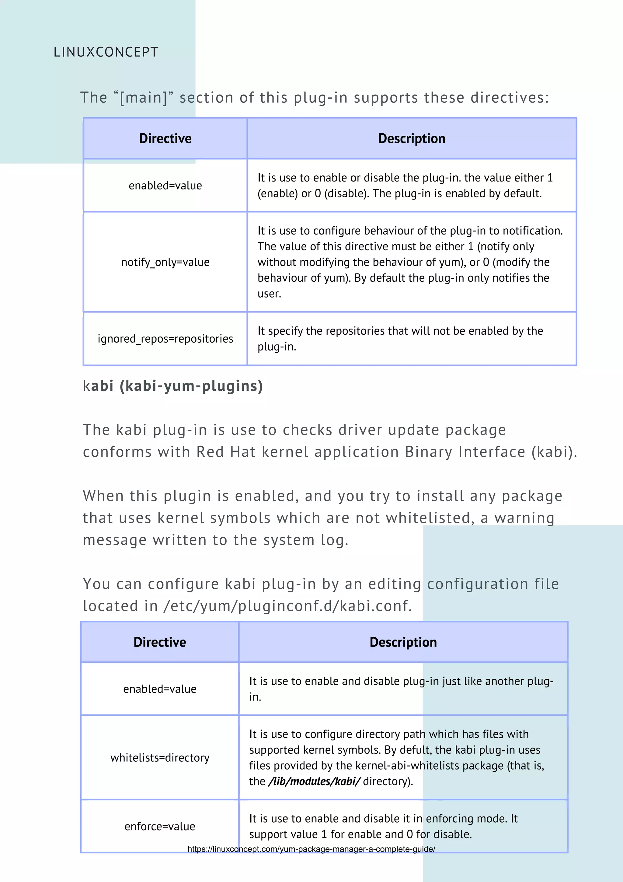Directive Description
enabled=value
It is use to enable or disable the plug-in. the value either 1
(enable) or 0 (disable). The plug-in is enabled by default.
notify_only=value
It is use to configure behaviour of the plug-in to notification.
The value of this directive must be either 1 (notify only
without modifying the behaviour of yum), or 0 (modify the
behaviour of yum). By default the plug-in only notifies the
user.
ignored_repos=repositories
It specify the repositories that will not be enabled by the
plug-in.
Directive Description
enabled=value
It is use to enable and disable plug-in just like another plug-
in.
whitelists=directory
It is use to configure directory path which has files with
supported kernel symbols. By defult, the kabi plug-in uses
files provided by the kernel-abi-whitelists package (that is,
the /lib/modules/kabi/ directory).
enforce=value
It is use to enable and disable it in enforcing mode. It
support value 1 for enable and 0 for disable.


LINUXCONCEPT
The “[main]” section of this plug-in supports these directives:
kabi (kabi-yum-plugins)
The kabi plug-in is use to checks driver update package
conforms with Red Hat kernel application Binary Interface (kabi).
When this plugin is enabled, and you try to install any package
that uses kernel symbols which are not whitelisted, a warning
message written to the system log.
You can configure kabi plug-in by an editing configuration file
located in /etc/yum/pluginconf.d/kabi.conf.
https://linuxconcept.com/yum-package-manager-a-complete-guide/
 