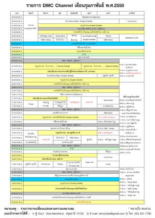 √“¬°“√ DMC Channel ‡¥◊Õπ°ÿ¡¿“æ—π∏å æ.».2550
     00.00-00.30 .                                                                                                   Meditation for Beginners
     00.30-01.00 .                                                                     *                          (English Subtitle)                                                                  *
     01.00-01.30 .                                                                                                         (English Subtitle)
     01.30-01.50 .                                                                                            *     DMC NEWS         /
     01.50-04.00 .                                                                                       *                                                        (        )
     04.00-04.30 .                       *                         *Smile World                      *               *                                                 *
                                                                                                                                                                                                  Meditation for All
     04.30-05.00 .                           *DMC Variety             *                                                  (English Subtitle)                           *DMC Music
     05.00-05.30 .                                                                                                          /                       5
     05.30-06.20 .
     06.20-06.45   .
     06.45-06.50   .
     06.50-07.00   .
     07.00-07.10   .                                                               DMC NEWS /
                                                                                                                                                                                        07.00 .           DMC NEWS
     07.10-07.40 .                   *                   :       ….. ( Chinese Subtitle)                             *                          :             ….. ( Spanish Subtitle)

     07.40-08.00 .                                                                                                                  /                                                   07.30 .
                                                                                                                                                                                        08.00 . *
     08.00-08.30 .                                                                (English Subtitle)                                                                                    08.30 .
     08.30-09.00 .                                                            *                     (English Subtitle)
     09.00-10.00 .                                                                                                   (                  )
     10.00-10.10 .                                                                 DMC NEWS /
     10.10-11.00 .                                                                                                   (                  )
     11.00 -11.15 .
     11.15-11.30 .
                                                                                                                                                                      Smile World       08.45     .
     11.30-11.45 .                                   *            *                             *                                                                                       09.00     .
                           *D star
     11.45-12.00 .                                                        *                                                                                                             09.30     .
     12.00-12.10 .                                                                 DMC NEWS /                                                                                           10.30     .
     12.10-12.40 .                                                            38                                                                                      DMC Music            (                           )
     12.40-13.10 .                               *           :                             (English Subtitle)                                           12.40 .                         11.00     .
                                                                                                                                                                                        11.15     .
     13.10-14.00 .                                                                                                                                      13.00 .
                                                                                                                                                                                        12.15     .
     14.00-14.10 .                                                                 DMC NEWS /
                                                                                                                                                                                        13.30     .
     14.10-14.45 .                                                                                                                                      14.10 . DMC Variety
                                                                                                                                                                                        14.30     .              /
     14.45-15.15 .                                                    *                    :                                                            14.40 .
                                                                                                                                                                                        15.45 .
     15.15-15.45 .                                                    *                         *DMC Music
                                                 *                                                                              *                       15.30 .                         17.00 .
     15.45-16.00   .   *                                                                                                                                                                18.00 .
     16.00-16.10   .                                                               DMC NEWS /
     16.10-16.15   .                                                                                                                                                                    18.35 .
     16.15-16.30   .                                                                                                                                                                    18.55 .
     16.30-16.45   .                                         *
     16.45-17.00   .
                                                                                               *                            Super
     17.00-17.30 .                           *                            *                                                                                             D star
                                                                                                VS Super Kids
     17.30-17.40 .                                                                                                                                                                      19.00 .
     17.40-17.50 .                                                                 DMC NEWS /                                                                                           19.30 .               VS
     17.50-18.20 .                                                                                                                                                                             Super Kids
     18.20-18.40 .                                                                                                                                                                      20.00 .
     18.40-19.00 .                                                                              (Chinese Subtitle)                                                                      20.30 . * Smile World
                                                                                                                                                                                        21.00 . *
     19.00-22.00 .                                                                                                                                                                      21.30 . * DMC Variety
                                                                                                                                                                                        22.00 . *
     22.00-22.15 .                                                                         DMC NEWS
                                                                                                                                                                                        23.00 . * Super
     22.15-23.30 .                                                                                                              (           )
     23.30-24..00 .

À¡“¬‡Àµÿ : √“¬°“√Õ“®‡ª≈’Ë¬π·ª≈ßµ“¡§«“¡‡À¡“– ¡                                               * À¡“¬∂÷ß ∑∫∑«π
·π–π”√“¬°“√‰¥â∑’Ë : 1) µŸâ ª≥.2 ª≥®.§≈ÕßÀ≈«ß ª∑ÿ¡∏“π’ 12120 2) E-mail: dmcclubs@gmail.com 3) ‚∑√. (02) 831-1790
 