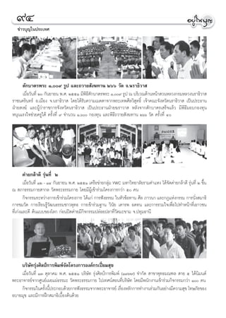 ˘Ù
   ¢à“«∫ÿ≠„πª√–‡∑»




      μ—°∫“μ√æ√– Ò,˘ √Ÿª ·≈–∂«“¬ —ß¶∑“π Úˆˆ «—¥ ®.π√“∏‘«“ 
     ‡¡◊ËÕ«—π∑’Ë Ú °—π¬“¬π æ.». ÚııÒ ¡’æ‘∏’μ—°∫“μ√æ√– Ò,˘ √Ÿª ≥ ∫√‘‡«≥¥â“πÀπâ“ «πÀ≈«ß°√¡À≈«ßπ√“∏‘«“ 
√“™π§√‘π∑√å Õ.‡¡◊Õß ®.π√“∏‘«“  ‚¥¬‰¥â√—∫§«“¡‡¡μμ“®“°æ√–‡∑æ»’≈«‘ ÿ∑∏‘Ï ‡®â“§≥–®—ßÀ«—¥π√“∏‘«“  ‡ªìπª√–∏“π
ΩÉ“¬ ß¶å ·≈–ºŸâ«à“√“™°“√®—ßÀ«—¥π√“∏‘«“  ‡ªìπª√–∏“πΩÉ“¬¶√“«“  À≈—ß®“°μ—°∫“μ√‡ √Á®·≈â« ¡’æ‘∏’¡Õ∫°Õß∑ÿπ
Àπÿπ·√ß„®™à«¬§√Ÿ„μâ §√—Èß∑’Ë ˘ ®”π«π Ò,ˆ °Õß∑ÿπ ·≈–æ‘∏’∂«“¬ —ß¶∑“π Úˆˆ «—¥ §√—Èß∑’Ë Ù




      §à“¬°≈â“¥’ √ÿàπ∑’Ë Ú
        ‡¡◊ËÕ«—π∑’Ë ÒÚ - ÒÙ °—π¬“¬π æ.». ÚııÒ ‡§√◊Õ¢à“¬°≈ÿà¡ YWC ¡À“«‘∑¬“≈—¬√“¡§”·Àß ‰¥â®—¥§à“¬°≈â“¥’ √ÿàπ∑’Ë Ú ¢÷Èπ
≥  ¿“∏√√¡°“¬ “°≈ «—¥æ√–∏√√¡°“¬ ‚¥¬¡’ºŸâ‡¢â“√à«¡‚§√ß°“√°«à“ ı §π
        °‘®°√√¡√–À«à“ß°“√‡¢â“√à«¡‚§√ß°“√ ‰¥â·°à °“√øíß∏√√¡ „πÀ—«¢âÕ∑“π »’≈ ¿“«π“ ·≈–°Æ·Ààß°√√¡ °“√π—Ëß ¡“∏‘
°“√™¡«—¥ °“√‡√’¬π√Ÿâ«—≤π∏√√¡™“«æÿ∑∏ °“√‡¢â“√à«¡∞“π «‘π—¬ ‡§“√æ Õ¥∑π ·≈–°“√√«¡„®‡æ◊ËÕ‰ª∑”Àπâ“∑’Ë‡¬“«™π
∑’Ë‡°àß·≈–¥’ μâπ·∫∫¢Õß‚≈° °àÕπªî¥§à“¬¡’°‘®°√√¡ª≈àÕ¬ª≈“∑’Ë«—¥¡–¢“¡ ®.ª∑ÿ¡∏“π’




      ∫√‘…—∑√ÿàß»‘≈ªá°“√æ‘¡æå®—¥‚§√ß°“√Õß§å°√‡ªïò¬¡ ÿ¢
     ‡¡◊ËÕ«—π∑’Ë ÒÛ μÿ≈“§¡ æ.». ÚııÒ ∫√‘…—∑ √ÿàß»‘≈ªá°“√æ‘¡æå (Ò˘˜˜) ®”°—¥  “¢“æÿ∑∏¡≥±≈  “¬ ı ‰¥âπ‘¡πμå
æ√–Õ“®“√¬å®“°»Ÿπ¬å‡º¬·ºà∏√√¡– «—¥æ√–∏√√¡°“¬ ‰ª‡∑»πå Õπ∑’Ë∫√‘…—∑ ‚¥¬¡’æπ—°ß“π‡¢â“√à«¡°‘®°√√¡°«à“ Ò §π
     °‘®°√√¡„π§√—ßπ’ª√–°Õ∫¥â«¬°“√øíß∏√√¡®“°æ√–Õ“®“√¬å ‡√◊ÕßÀ≈—°°“√∑”ß“π√à«¡°—πÕ¬à“ß¡’§«“¡ ÿ¢ ‚∑…¿—¬¢Õß
                    È È                                       Ë
Õ∫“¬¡ÿ¢ ·≈–¡’°“√Ωñ° ¡“∏‘‡∫◊ÈÕßμâπ¥â«¬


                                                           94
 