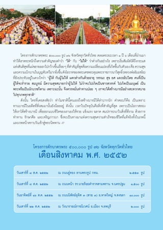 ‚§√ß°“√μ—°∫“μ√æ√– ı, √Ÿª ˜ˆ ®—ßÀ«—¥∑ÿ°«—¥∑—Ë«‰∑¬ μ≈Õ¥√–¬–‡«≈“ Ò ªï ˆ ‡¥◊Õπ∑’Ëºà“π¡“
∑”„Àâ‡√“μ√–Àπ—°∂÷ß§«“¡ ”§—≠¢Õß§”«à“ ç„Àâé °—∫ ç‰¡à„Àâé «à“μà“ß°—πÕ¬à“ß‰√ ‡æ√“–‡√‘¡ —¡º— ‰¥â∂ß°√–· 
                                                                                        Ë       ÷
·Ààß —πμ‘ ¢∑’·ºà¢¬“¬ÕÕ°‰ª°«â“ß¢÷π‡√◊Õ¬Ê ∑’ ”§—≠∑’ ¥§◊Õ§«“¡‡ª≈’¬π·ª≈ß∑’‡Ë °‘¥¢÷π°—∫μ—«‡Õß §◊Õ §«“¡ ÿ¢
            ÿ Ë                    È Ë          Ë     Ëÿ            Ë               È
·≈–§«“¡‡∫‘°∫“π„π∫ÿ≠∑—∫∑«’¡“°¬‘ß¢÷π ¥—ß‚Õ«“∑¢Õßæ√–‡¥™æ√–§ÿ≥æ√–√“™¿“«π“«‘ ∑∏‘Ï (À≈«ßæàÕ∏—¡¡™‚¬)
                                    Ë È                                               ÿ
∑’Ë¬—ßª√–∑—∫Õ¬Ÿà„π¥«ß„®«à“ çºŸâ„Àâ °—∫ºŸâ‰¡à„Àâ ·μ°μà“ß°—π¥â«¬Õ“¬ÿ «√√≥–  ÿ¢ ¬» ·≈–Õ∏‘ª‰μ¬ §π∑’Ë‡ªìπ
ºŸâ„Àâ®–√Ë”√«¬  ¡∫Ÿ√≥å ¡’§«“¡ ÿ¢ ∫“¬°«à“ºŸâ‰¡à„Àâ ‰¡à«à“®–‰ª‡°‘¥‡ªìπ™“« «√√§å ‰ª‡°‘¥‡ªìπ¡πÿ…¬å ‡ªìπ
æ√–À√◊Õ‡ªìππ—°∫«™°Áμ“¡ ‡æ√“–©–π—Èπ ®÷ß§«√À¡—Ëπ∑”∑“π∫àÕ¬ Ê ‡√“®–‰¥â √â“ß∫“√¡’Õ¬à“ß –¥«° ∫“¬
‰ª∑ÿ°¿æ∑ÿ°™“μ‘é
       ¥—ßπ—Èπ „§√∑’Ë‡§¬ ß —¬«à“ ∑”‰¡™“μ‘π’Èμπ‡Õß∂÷ß √â“ß∫“√¡’‰¥â≈”∫“°π—° §”μÕ∫°Á§◊Õ ‡ªìπ‡æ√“–
∑“π∫“√¡’„πÕ¥’μ∑’Ë —Ëß ¡¡“π—Èπ¬—ßπâÕ¬Õ¬Ÿà ¥—ßπ—Èπ ‡«≈“„πªí®®ÿ∫—π§◊Õ ‘Ëß∑’Ë ”§—≠∑’Ë ÿ¥ ‡æ√“–‡ªìπ‚Õ°“ ∑Õß
„Àâ‡√“‰¥â √â“ß∫“√¡’ ‡æ◊ËÕÕÕ°·∫∫™’«‘μ¢Õß‡√“‡Õß„Àâ√«¬ ·¢Áß·√ß ©≈“¥  ¡ª√“√∂π“„π ‘Ëß∑’Ë¥’ß“¡ ¥â«¬°“√
∑”∑“π √—°…“»’≈ ·≈–‡®√‘≠¿“«π“ ´÷Ëß®–‡ªìπ∑“ß¡“·Ààß§«“¡ ÿ¢§«“¡ ”‡√Á®¢Õß™’«‘μ∑’Ë·∑â®√‘ß∑—Èß„π¿æπ’È
·≈–¿æÀπâ“μ√“∫«—π‡¢â“ Ÿàæ√–π‘ææ“π L



               ‚§√ß°“√μ—°∫“μ√æ√– ı, √Ÿª ˜ˆ ®—ßÀ«—¥∑ÿ°«—¥∑—Ë«‰∑¬
                   ‡¥◊Õπ ‘ßÀ“§¡ æ.». ÚııÚ
  «—π‡ “√å∑’Ë ¯  .§. ÚııÚ         ≥ ∂ππÕŸà∑Õß ≈“πæ√–√Ÿª °∑¡.                             Ú,ııÛ √Ÿª

  «—π‡ “√å∑’Ë ¯  .§. ÚııÚ         ≥ ∂ππÀπâ“ √√.π“¬√âÕ¬μ”√«® “¡æ√“π ®.π§√ª∞¡               Ò,ı √Ÿª

  «—πÕ“∑‘μ¬å∑’Ë Òˆ  .§. ÚııÚ ≥ ∂πππ‘æ—∑∏åÕÿ∑‘» Û ( “¬ Û) Õ.À“¥„À≠à ®. ß¢≈“ Ò, √Ÿª

  «—π‡ “√å∑’Ë ÚÚ  .§. ÚııÚ        ≥ «—ßπ“√“¬≥å√“™π‘‡«»πå Õ.‡¡◊Õß ®.≈æ∫ÿ√’                 Ú, √Ÿª



                                                    44
 